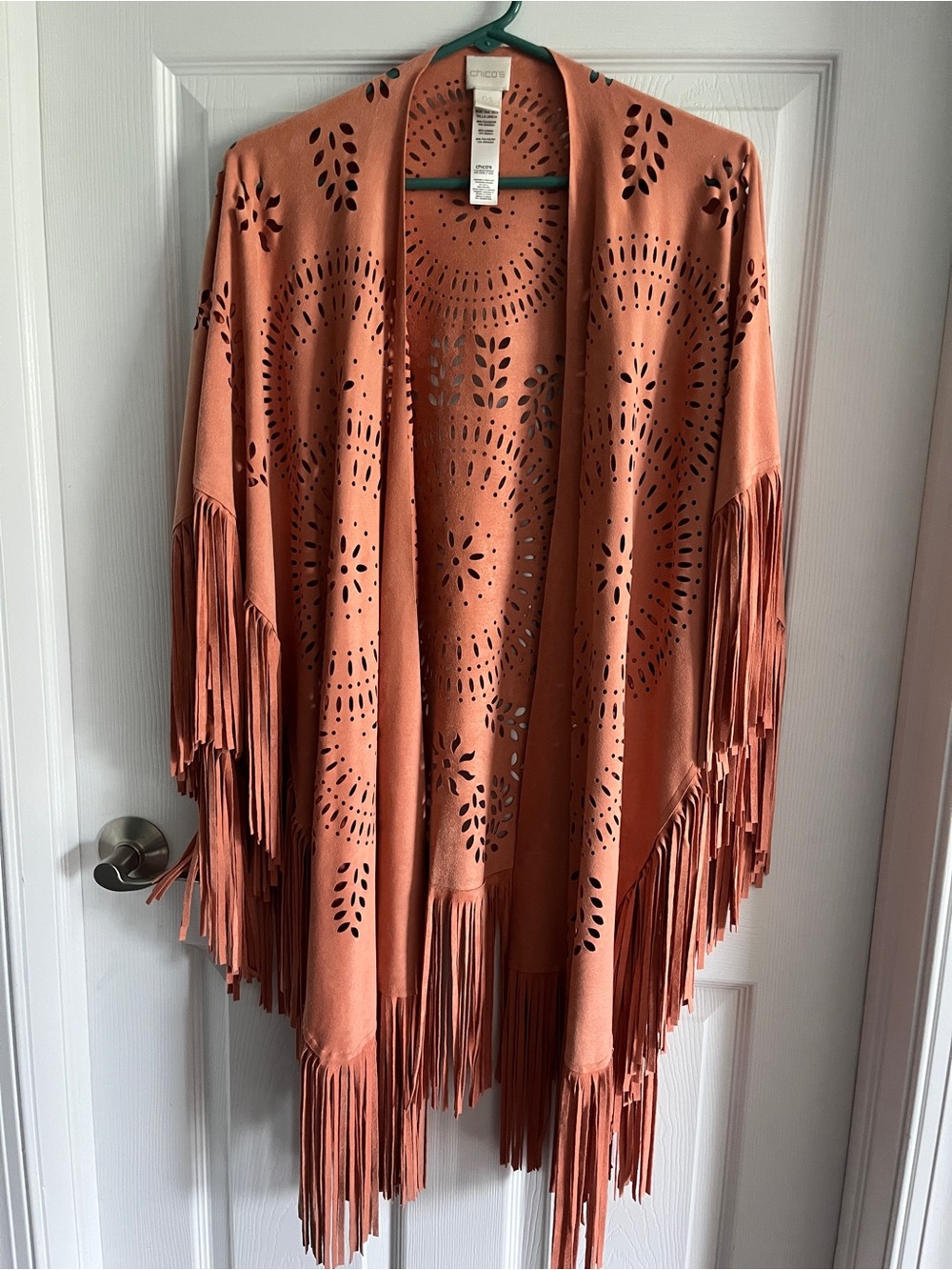 Chico's Coral Laser-Cut Fringe Open-Front Poncho/Shawl